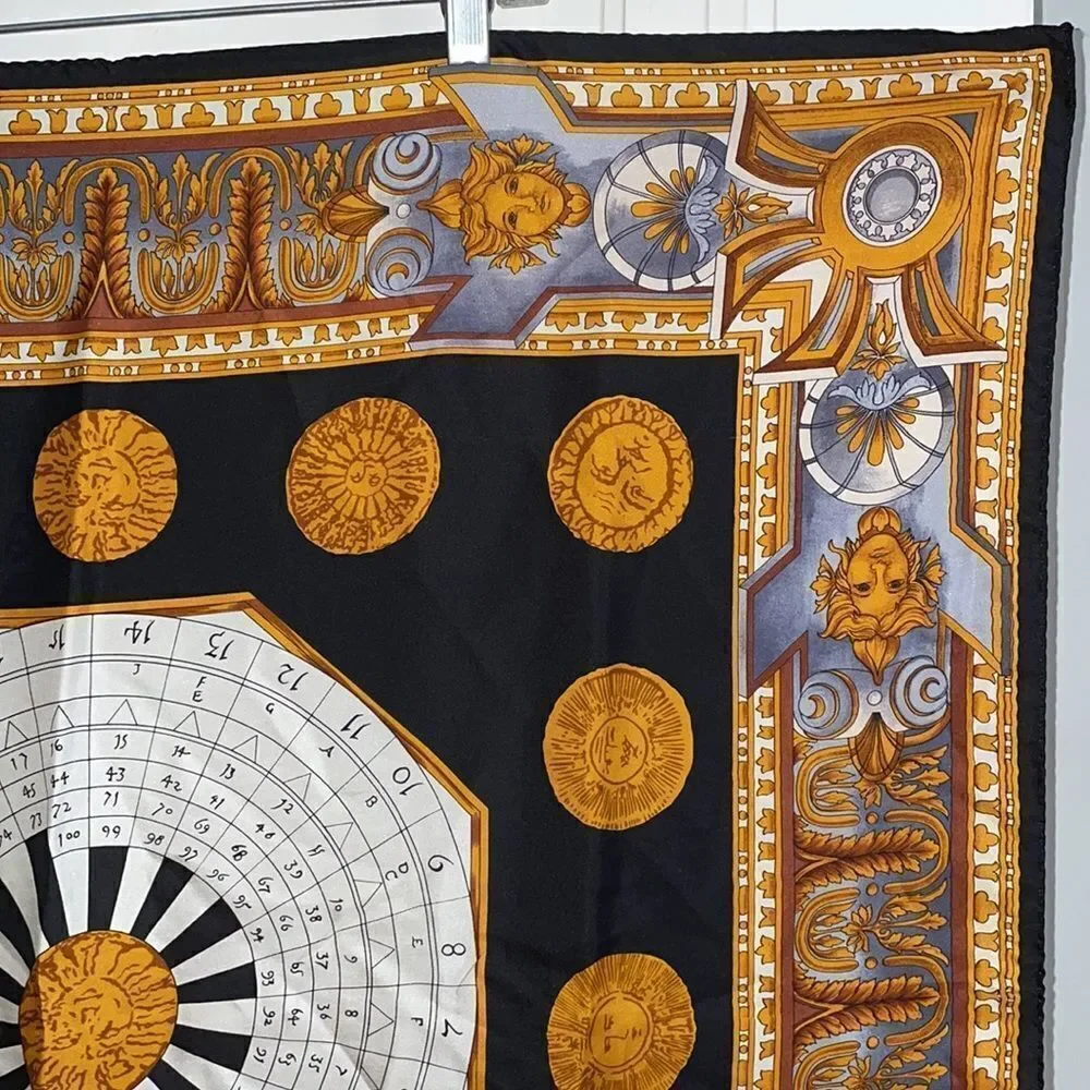 Vtg Alfred Sung black, gold, gray & white silk sun‎ astrology large square scarf